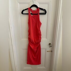 Michael Stars Coral-Red Ruched Midi Tank Dress